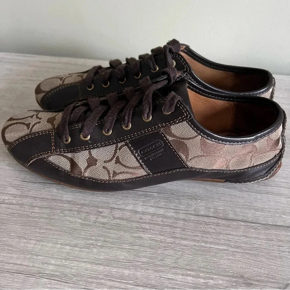 Coach SUEE Signature Brown Leather & Canvas Fashion Sneakers Size 8 - Picture 3 of 10